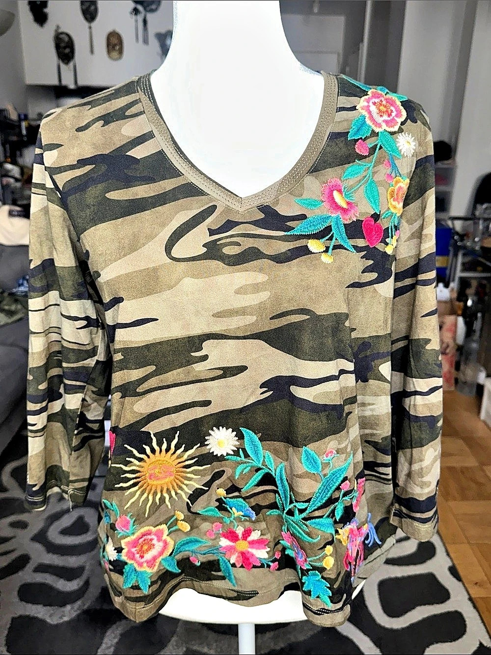 Johnny Was Camo Embroidered 3/4  Sleeve